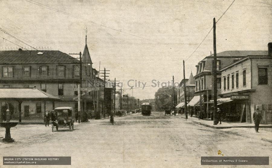 Postcard: Broadway looking west from Railroad Square, Derry, N.H.